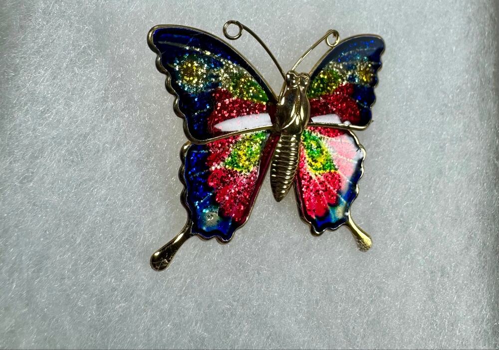 Vintage Multicolored Glitter Enamel Gold-Tone Butterfly Brooch
